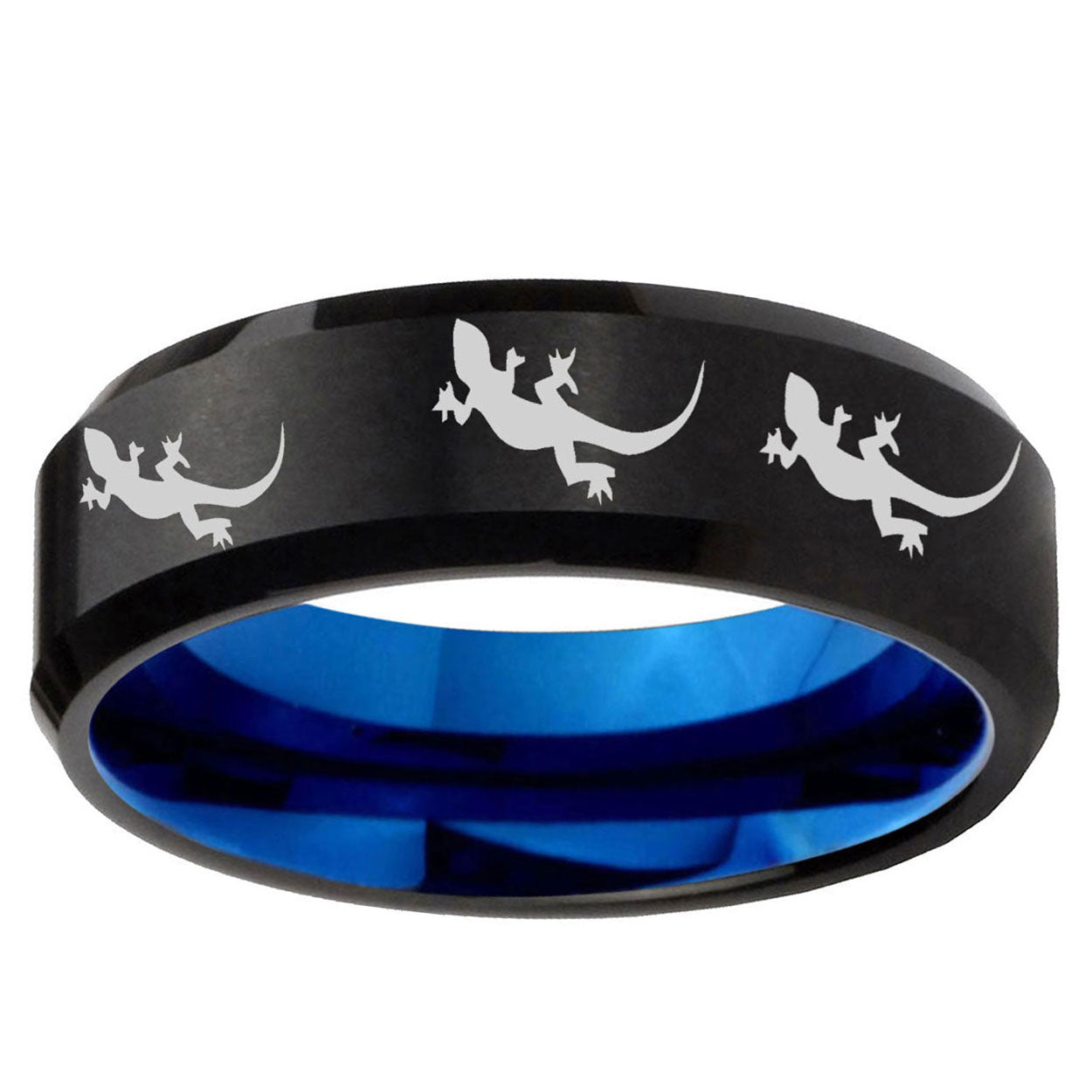 5mm Multiple Lizard Two-Tone Beveled Black Blue Tungsten Promised Ring
