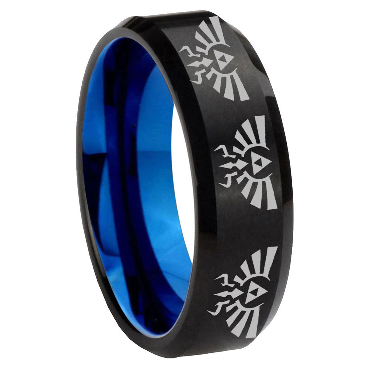 8mm Multi Zelda Skyward Two-Tone Beveled Black Blue Tungsten Promised Ring