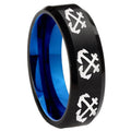 8mm Multiple Anchor Two-Tone Beveled Black Blue Tungsten Promised Ring