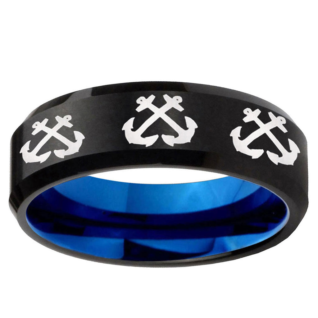 5mm Multiple Anchor Two-Tone Beveled Black Blue Tungsten Promised Ring