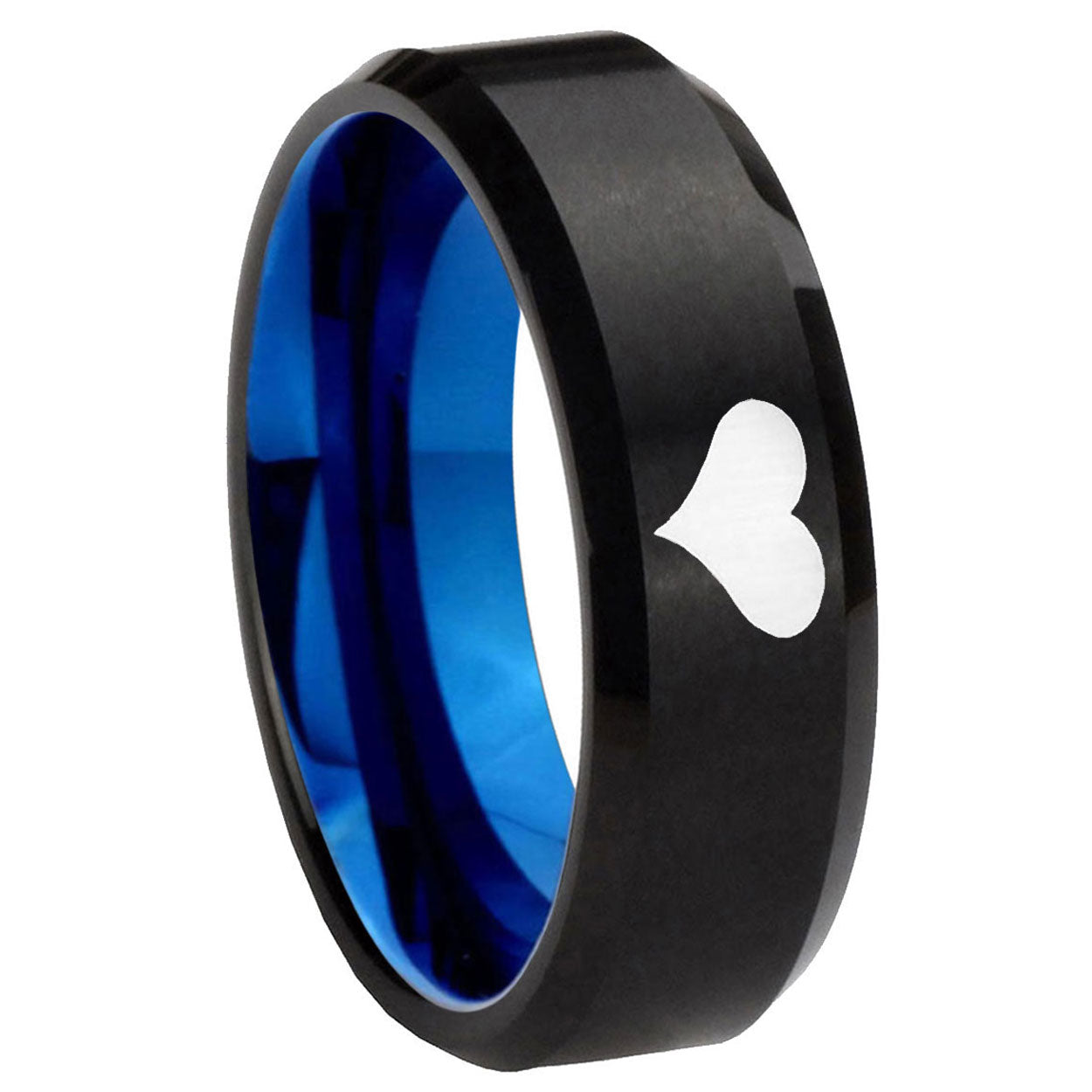 8mm Heart Two-Tone Beveled Black Blue Tungsten Promised Ring