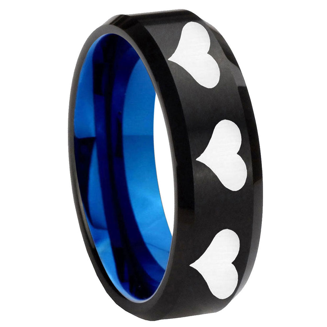 8mm Multiple Heart Two-Tone Beveled Black Blue Tungsten Promised Ring