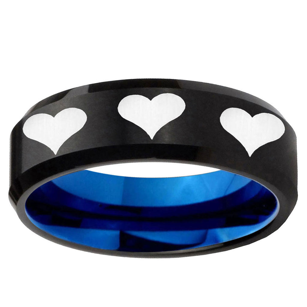 5mm Multiple Heart Two-Tone Beveled Black Blue Tungsten Promised Ring