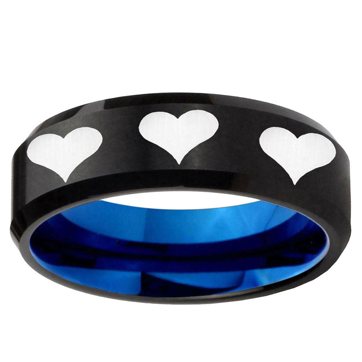 5mm Multiple Heart Two-Tone Beveled Black Blue Tungsten Promised Ring