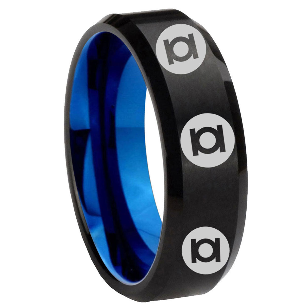 8mm Multi Green Lantern Two-Tone Beveled Black Blue Tungsten Promised Ring