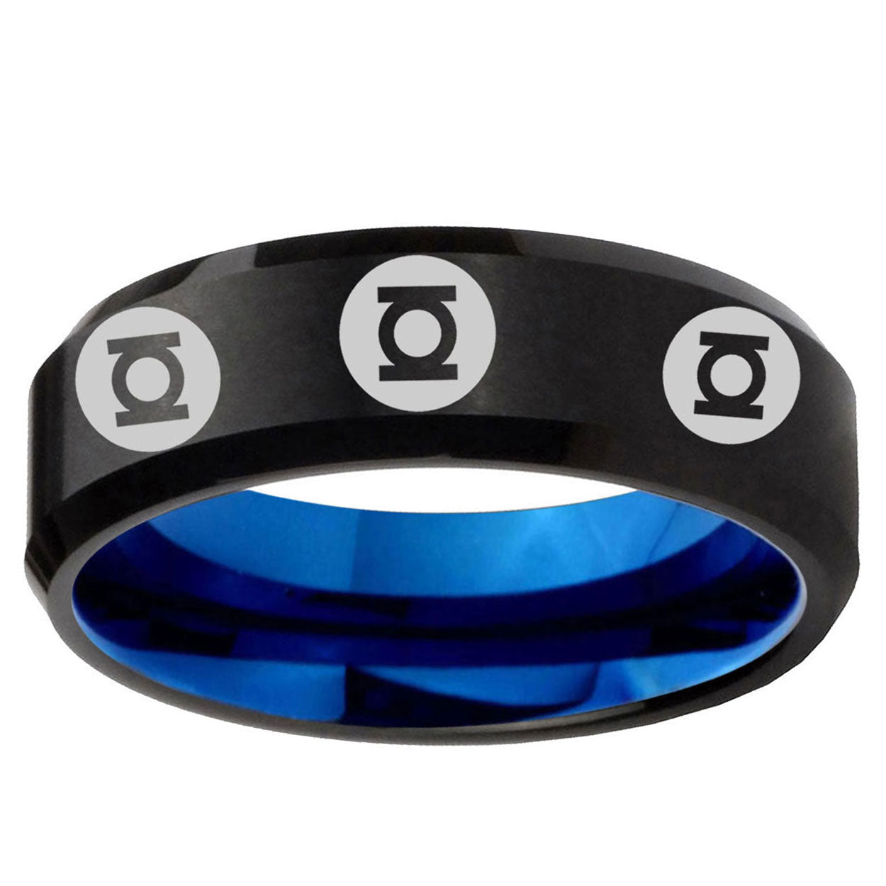 5mm Multi Green Lantern Two-Tone Beveled Black Blue Tungsten Promised Ring