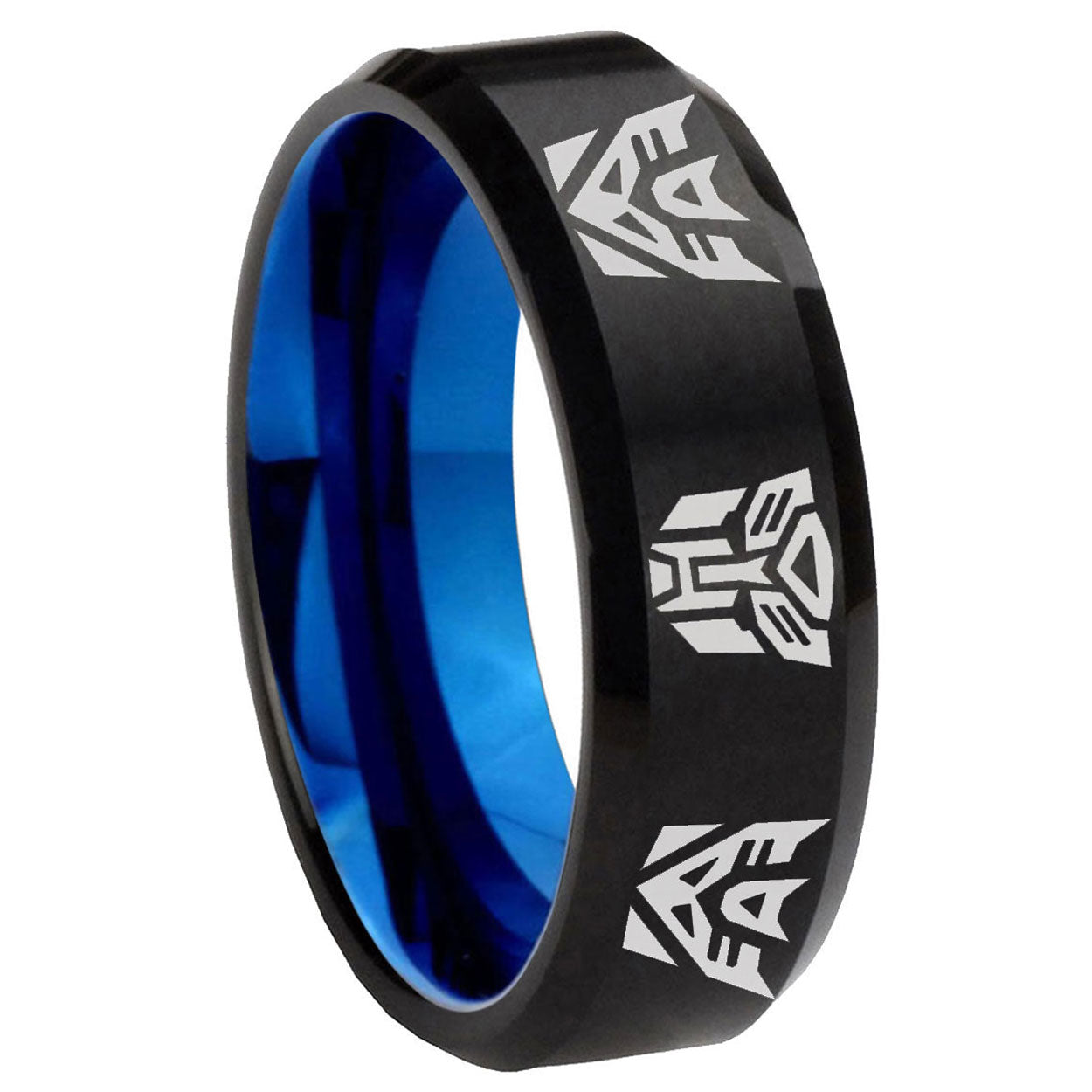8mm Autobot Decepticon Two-Tone Beveled Black Blue Tungsten Promised Ring