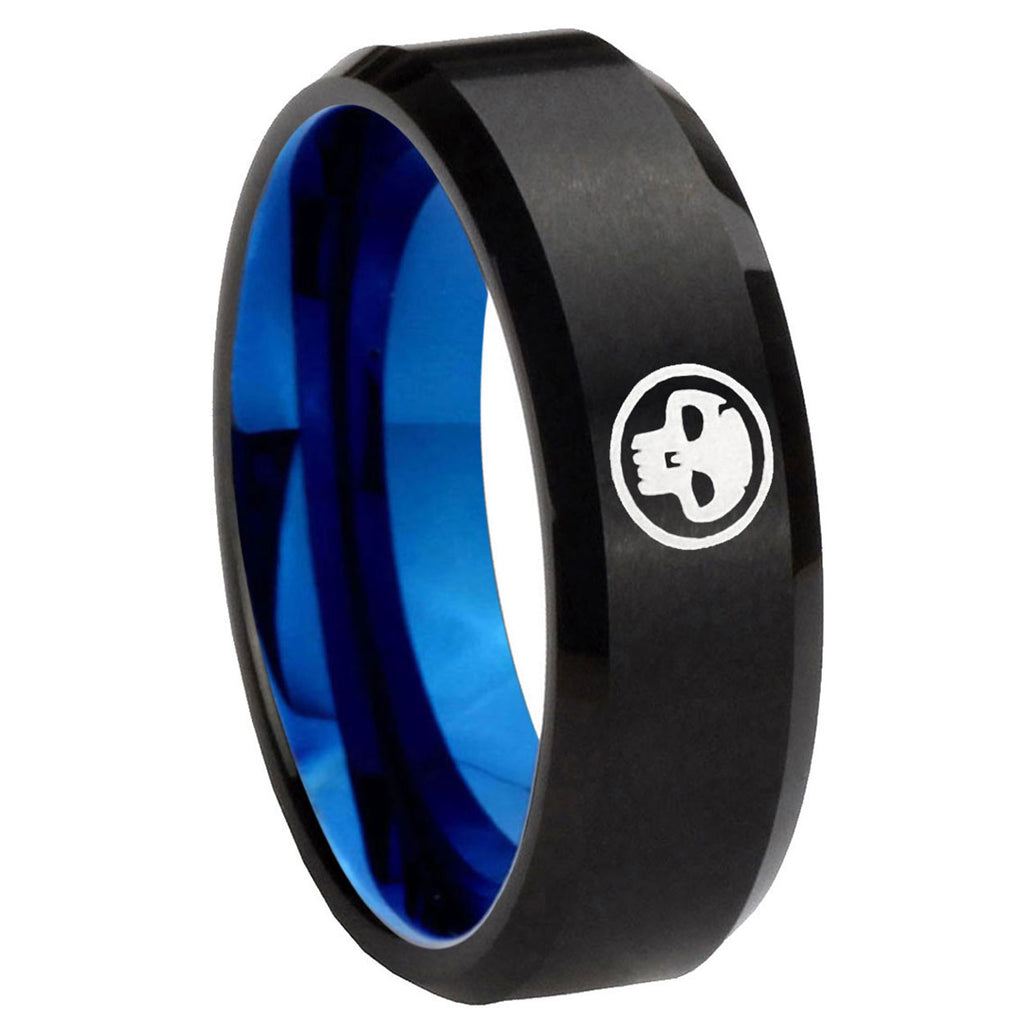 8mm Skull Symbol Two-Tone Beveled Black Blue Tungsten Promised Ring