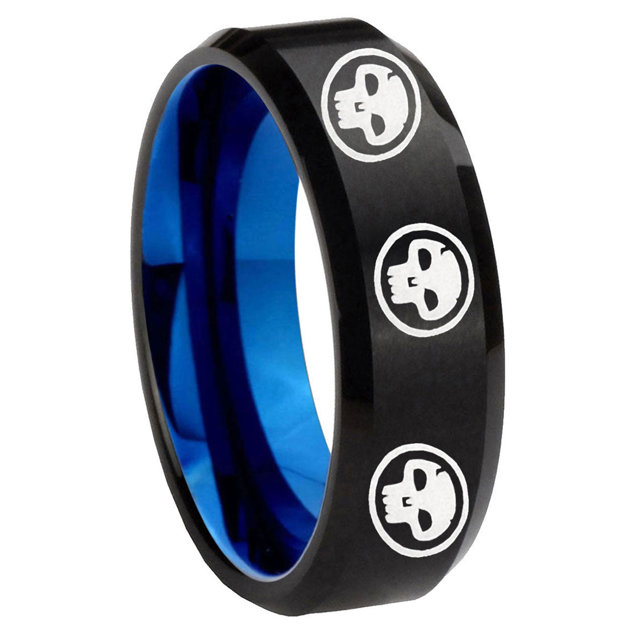 8mm Multi Skull Symbol Two-Tone Beveled Black Blue Tungsten Promised Ring