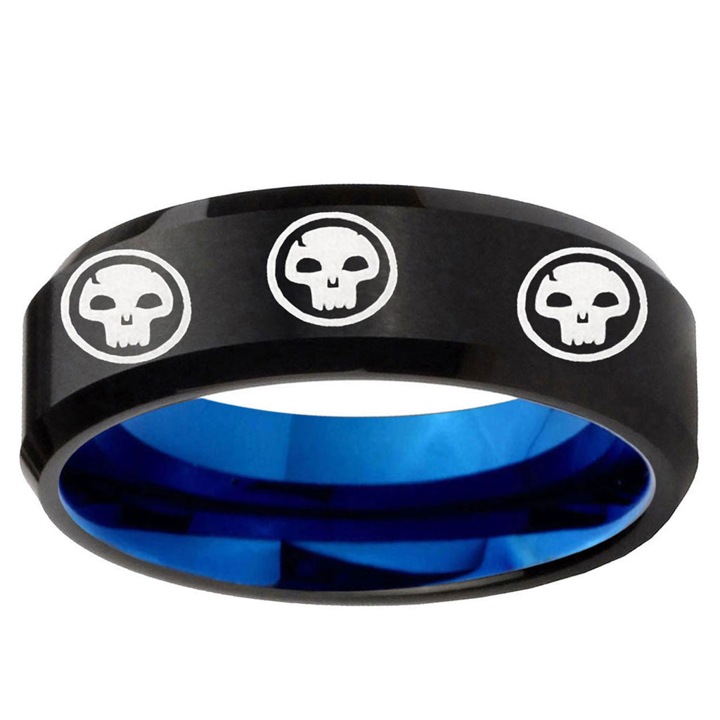 5mm Multi Skull Symbol Two-Tone Beveled Black Blue Tungsten Promised Ring