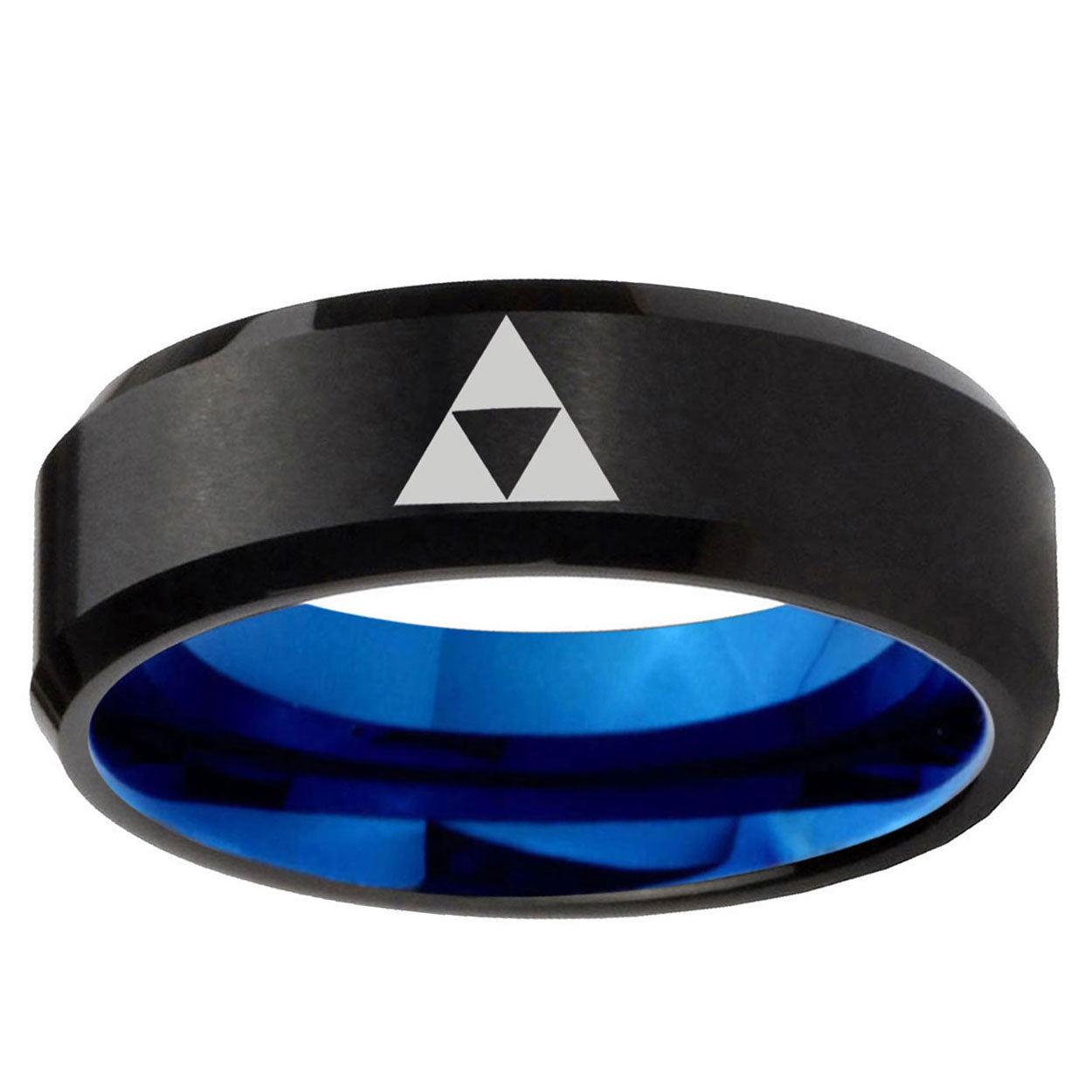 5mm Zelda Triforce Two-Tone Beveled Black Blue Tungsten Promised Ring
