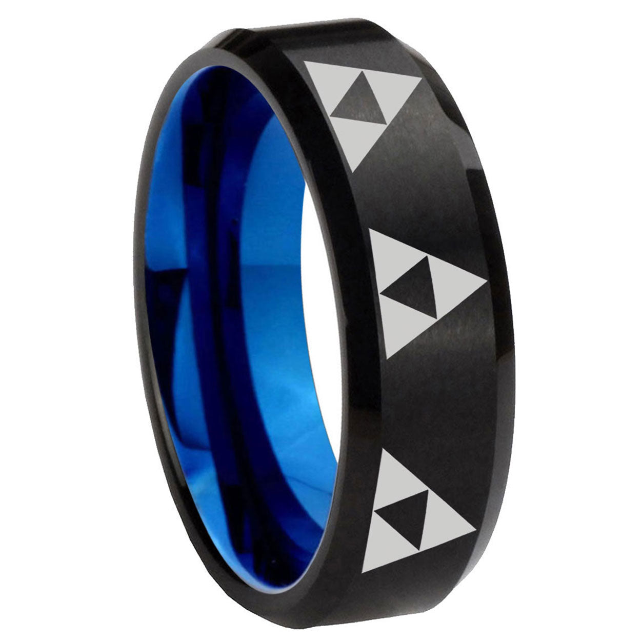 8mm Multi Zelda Triforce Two-Tone Beveled Black Blue Tungsten Promised Ring