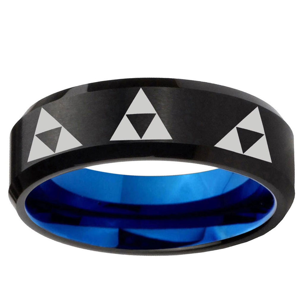 5mm Multi Zelda Triforce Two-Tone Beveled Black Blue Tungsten Promised Ring