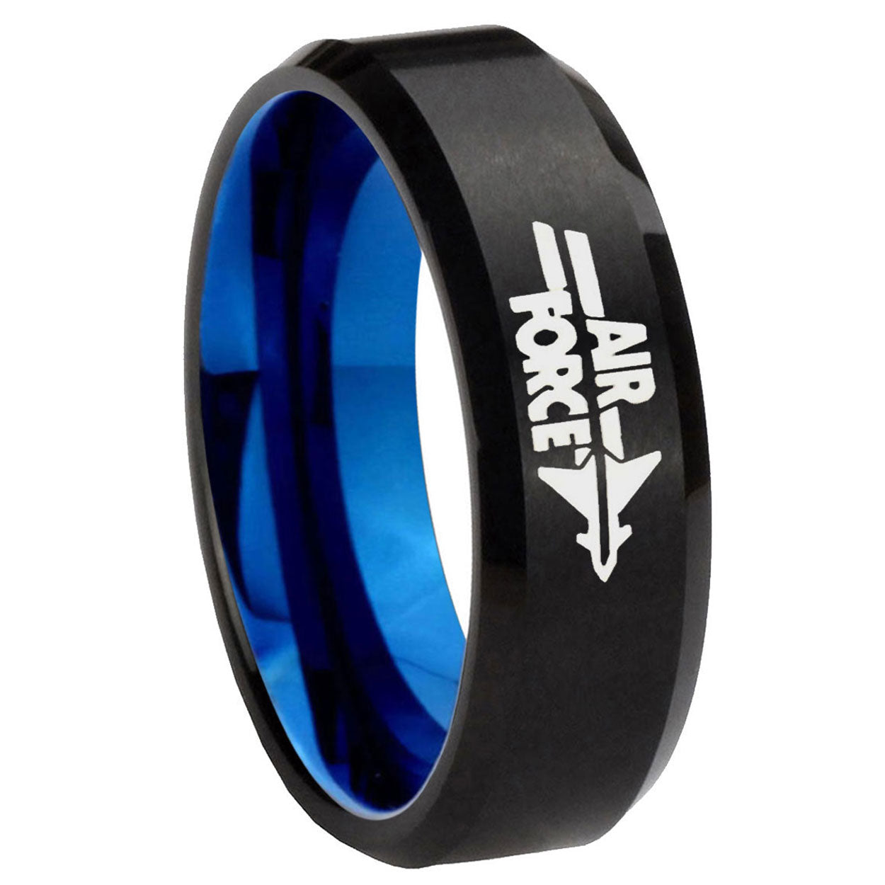 8mm Air Force Two-Tone Beveled Black Blue Tungsten Promised Ring