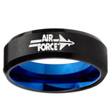 5mm Blue and Black Beveled Edge Air Force Tungsten 2 Tone Laser Engraved Ring