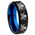 8mm Multi Skull Pirate Two-Tone Beveled Black Blue Tungsten Promised Ring