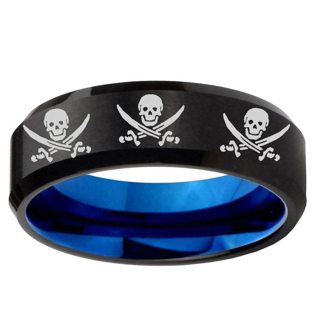 5mm Multi Skull Pirate Two-Tone Beveled Black Blue Tungsten Promised Ring