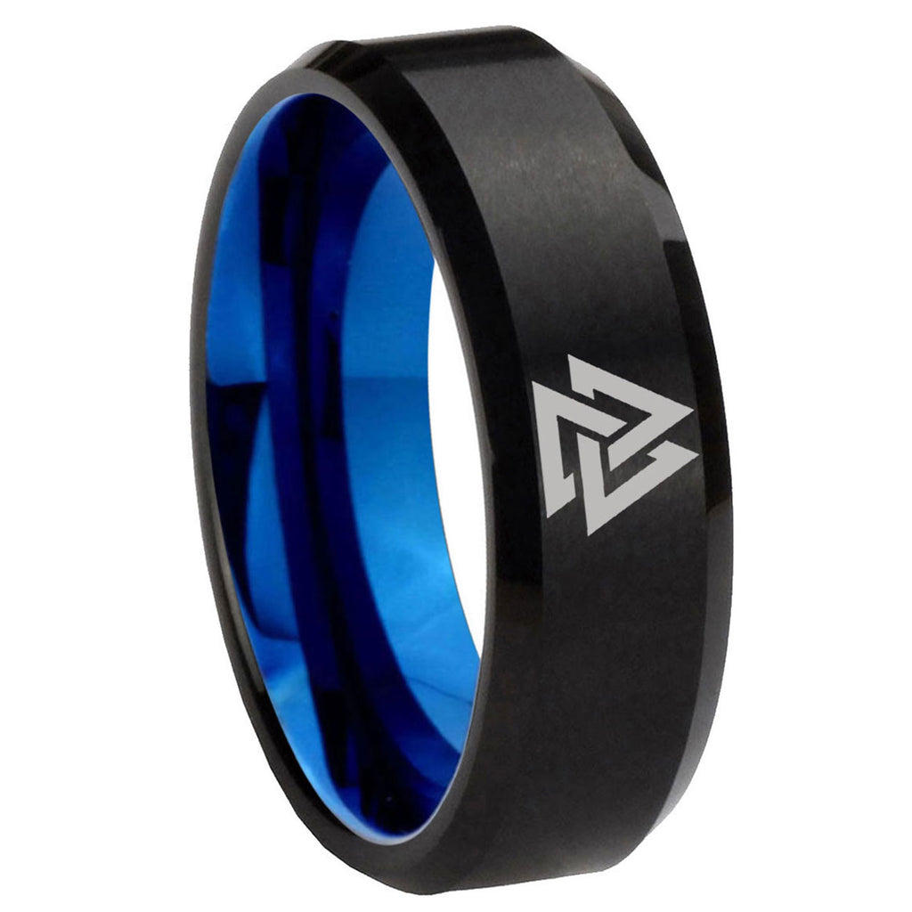 8mm Viking Symbol Two-Tone Beveled Black Blue Tungsten Promised Ring