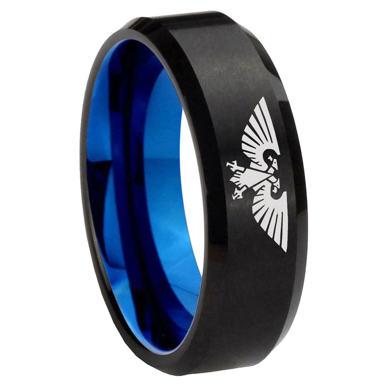 8mm Aquila Two-Tone Beveled Black Blue Tungsten Promised Ring