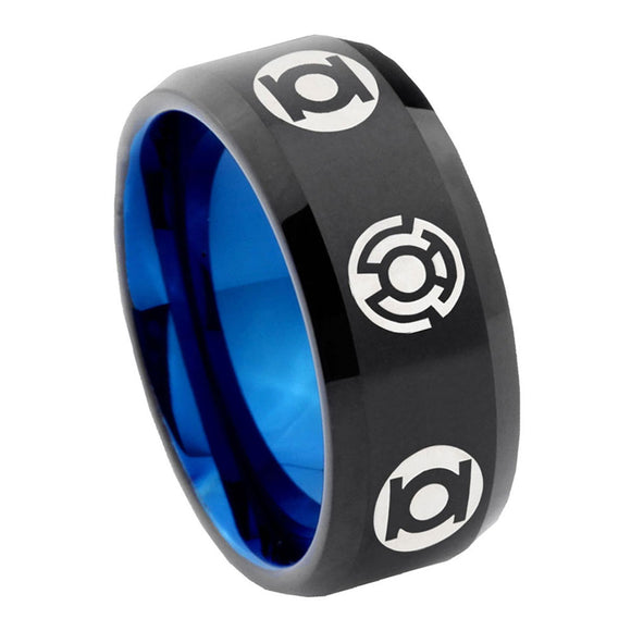 8mm Blue Green Lantern Beveled Edge Blue Black Carbon Fiber Ring