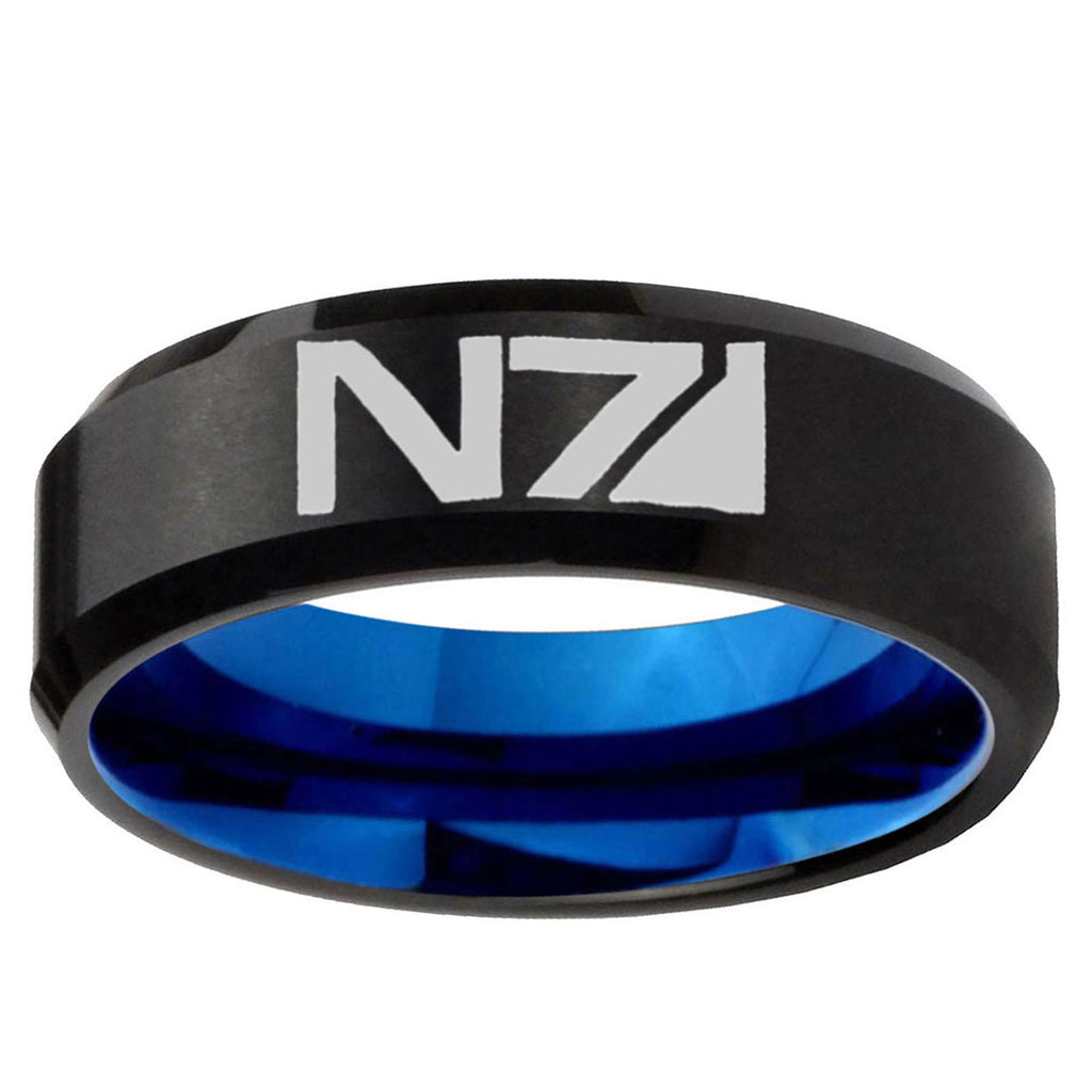 5mm N7 Design Two-Tone Beveled Black Blue Tungsten Promised Ring