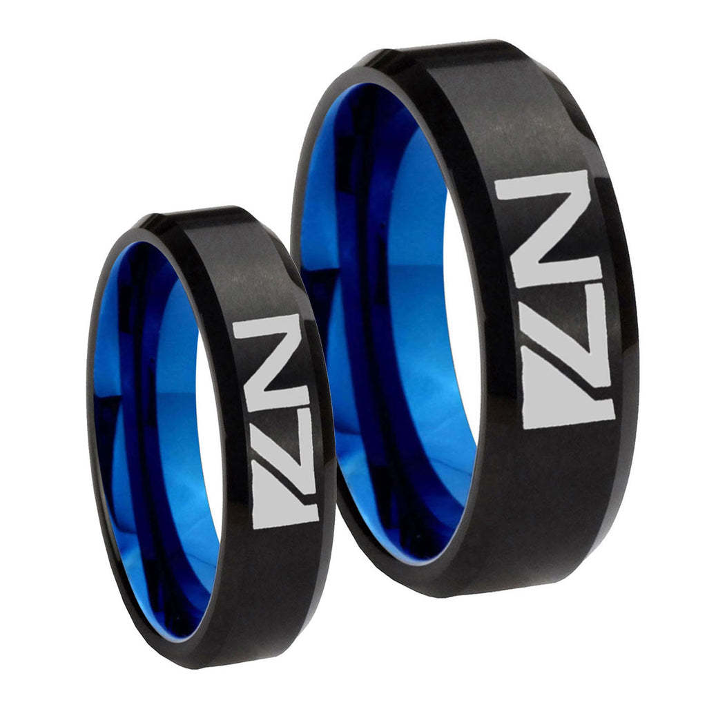 N7 Designs Bevel Blue Tungsten Bridal Ring Sets