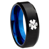 8mm Medical Alert Bevel Tungsten Carbide Blue Personalized Ring