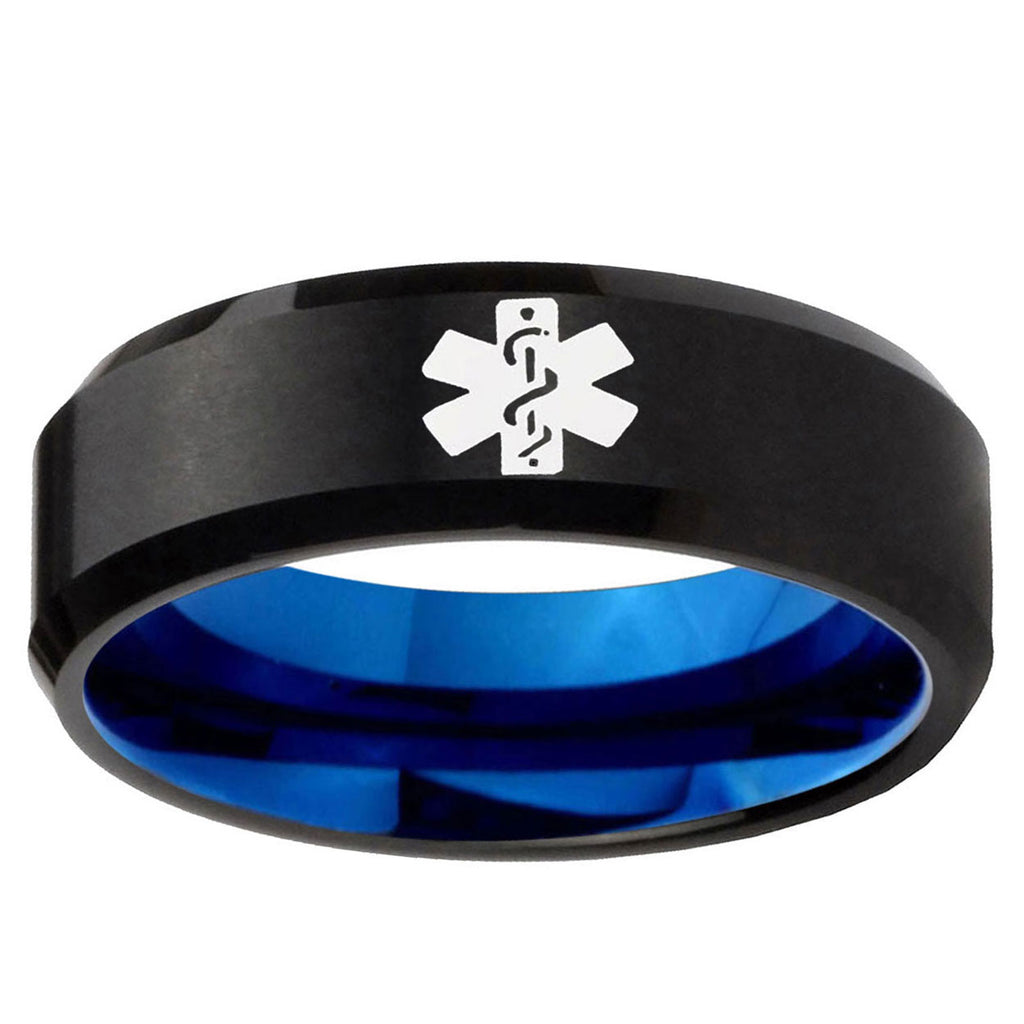 10mm Medical Alert Bevel Tungsten Carbide Blue Band Ring