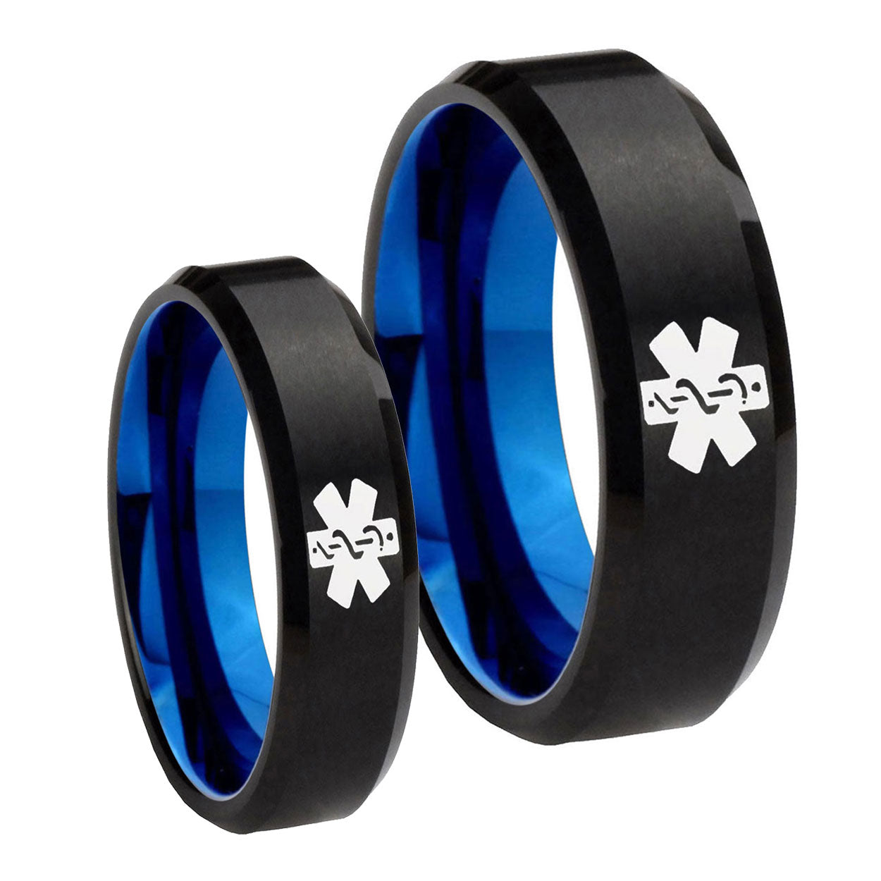 Medical Alerts Bevel Blue Tungsten Couple Band Set