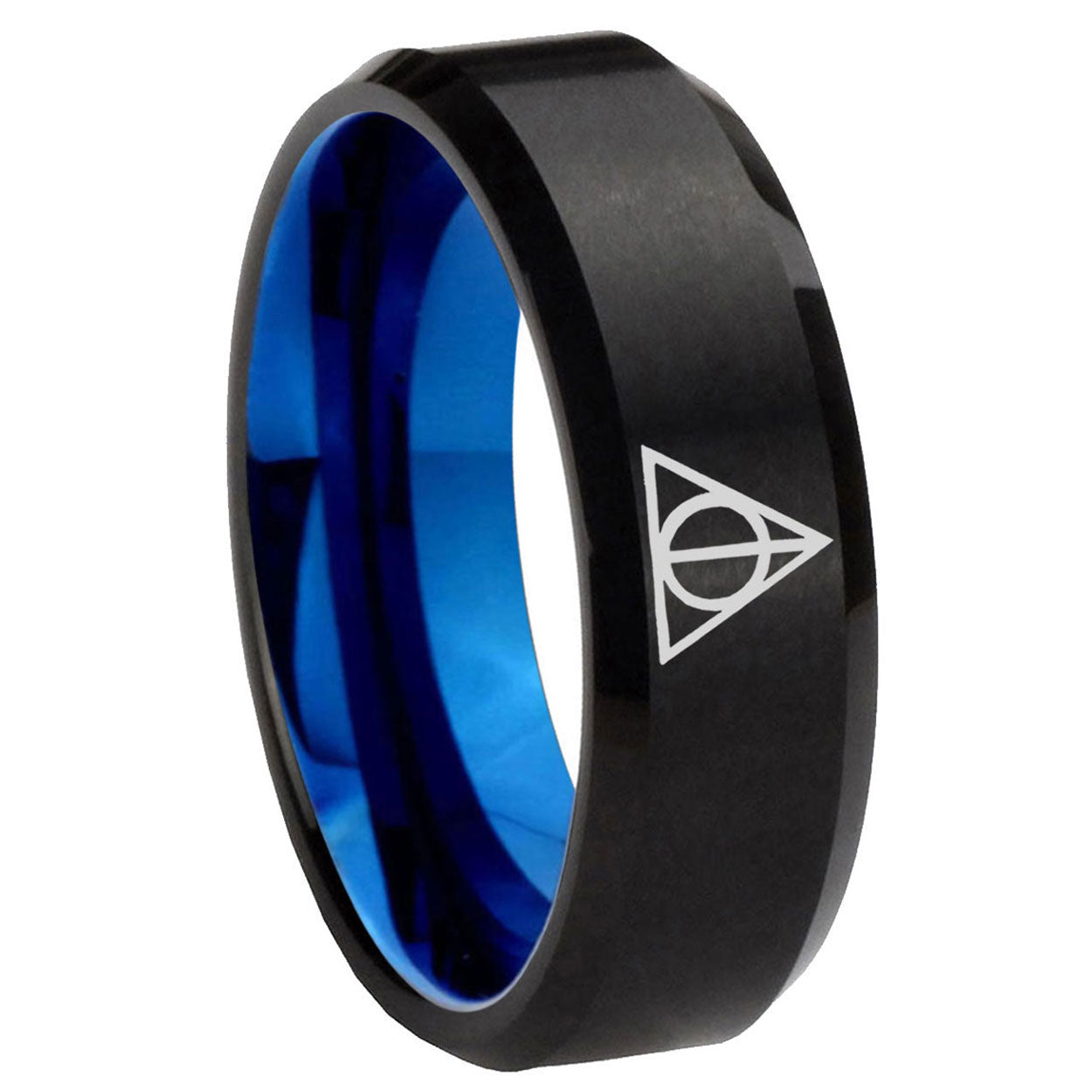 10mm Deathly Hallows Bevel Tungsten Carbide Blue Men's Ring