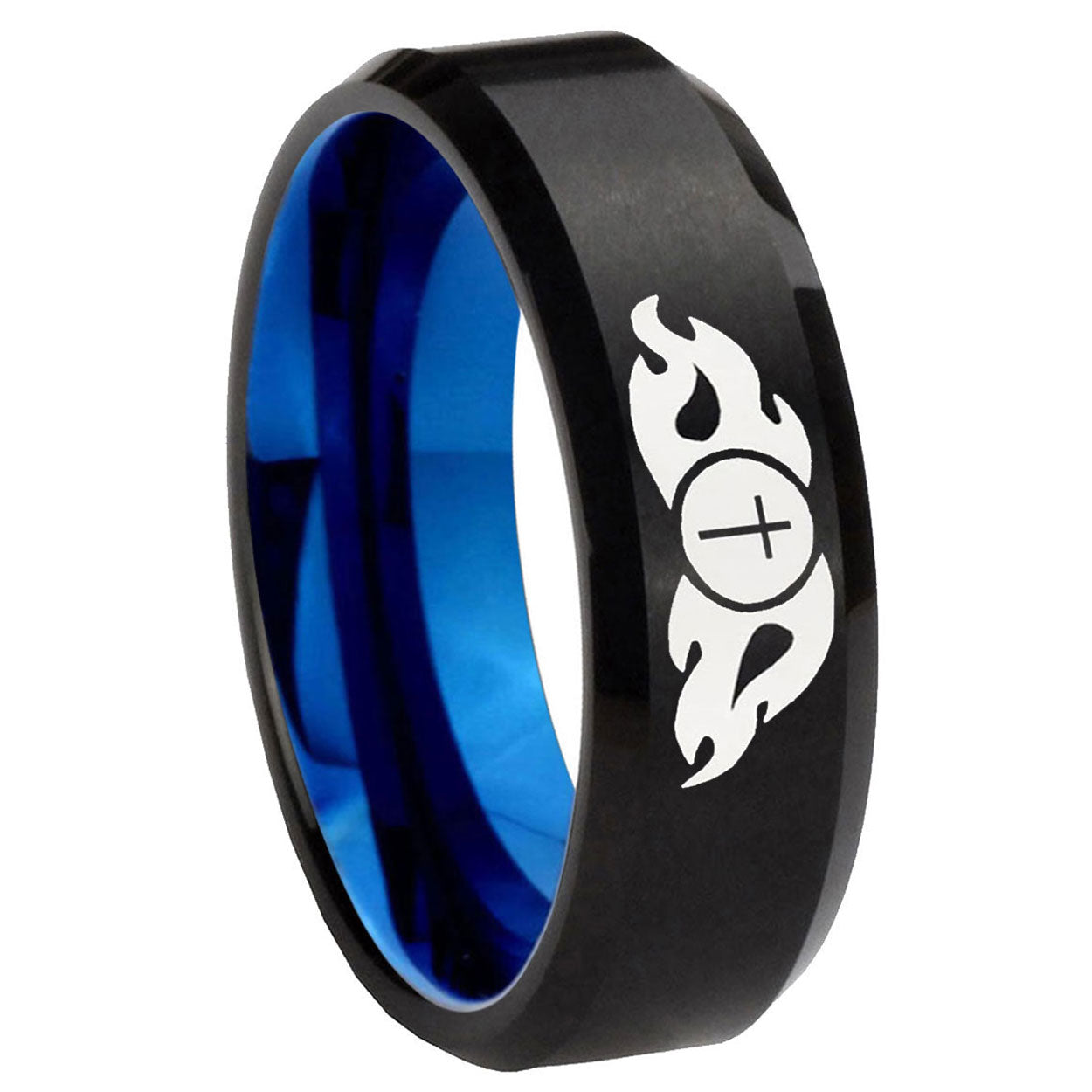 8mm Flamed Cross Two-Tone Beveled Black Blue Tungsten Promised Ring
