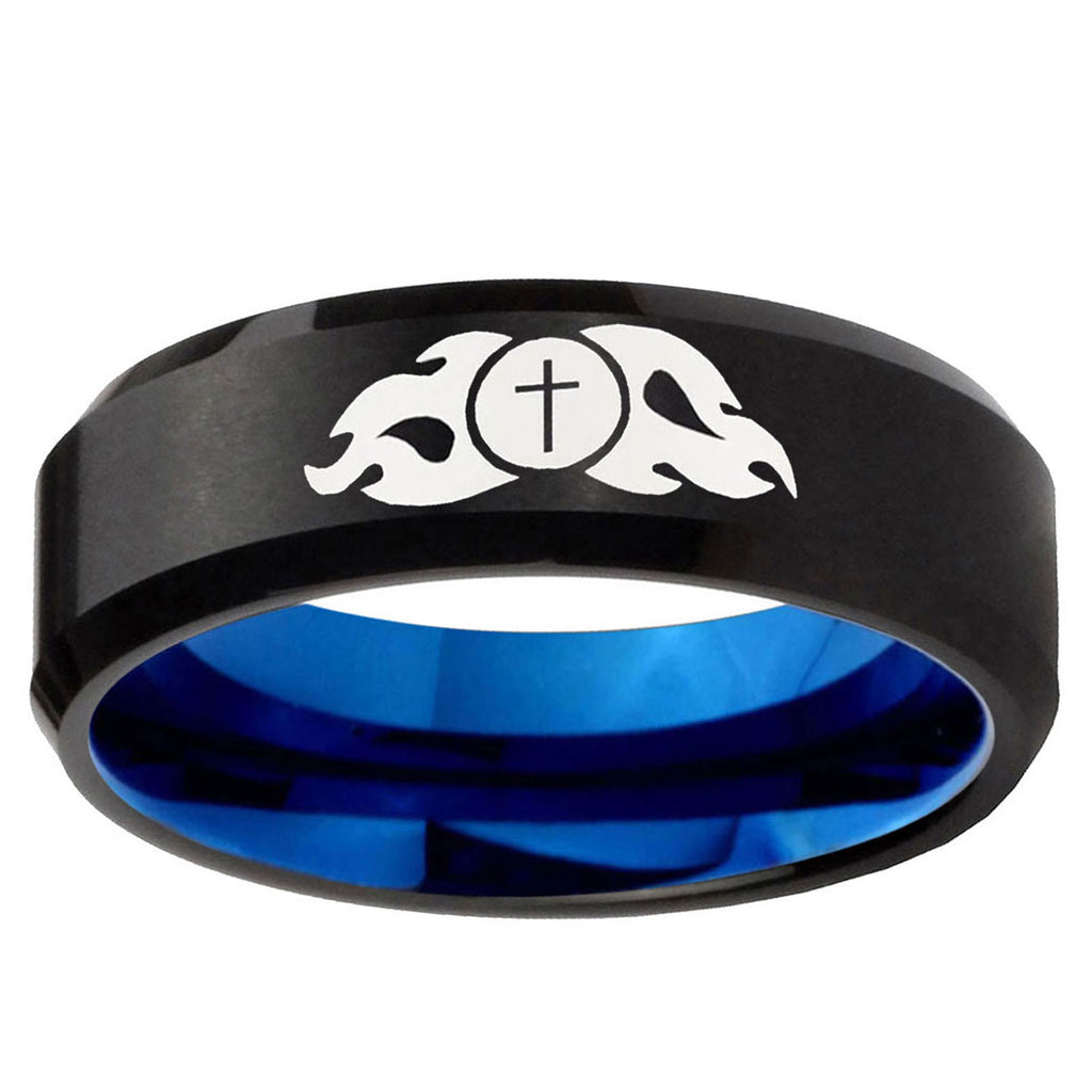 5mm Flamed Cross Two-Tone Beveled Black Blue Tungsten Promised Ring
