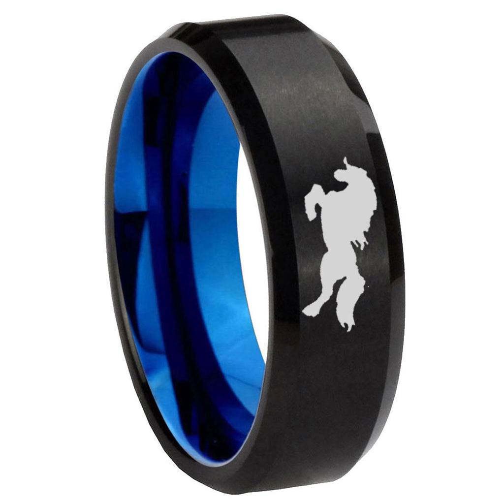 8mm Horse Two-Tone Beveled Black Blue Tungsten Promised Ring
