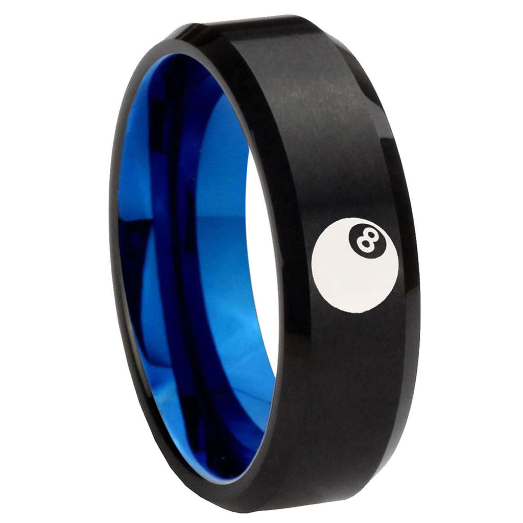 8mm 8 Ball Two-Tone Beveled Black Blue Tungsten Promised Ring