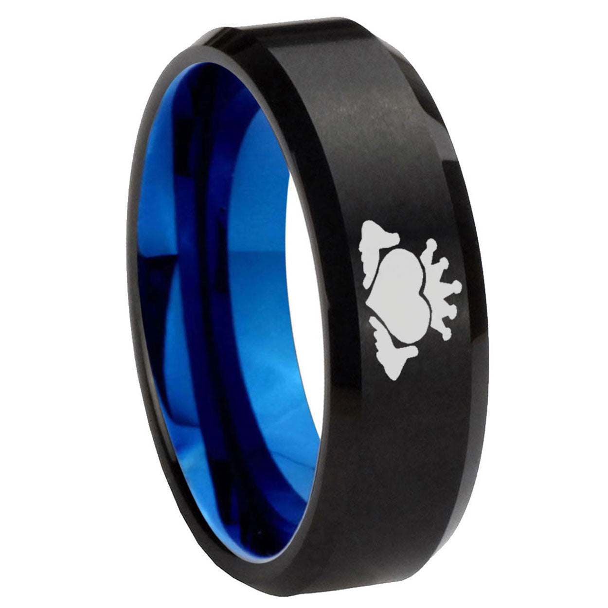 8mm Claddagh Design Two-Tone Beveled Black Blue Tungsten Promised Ring
