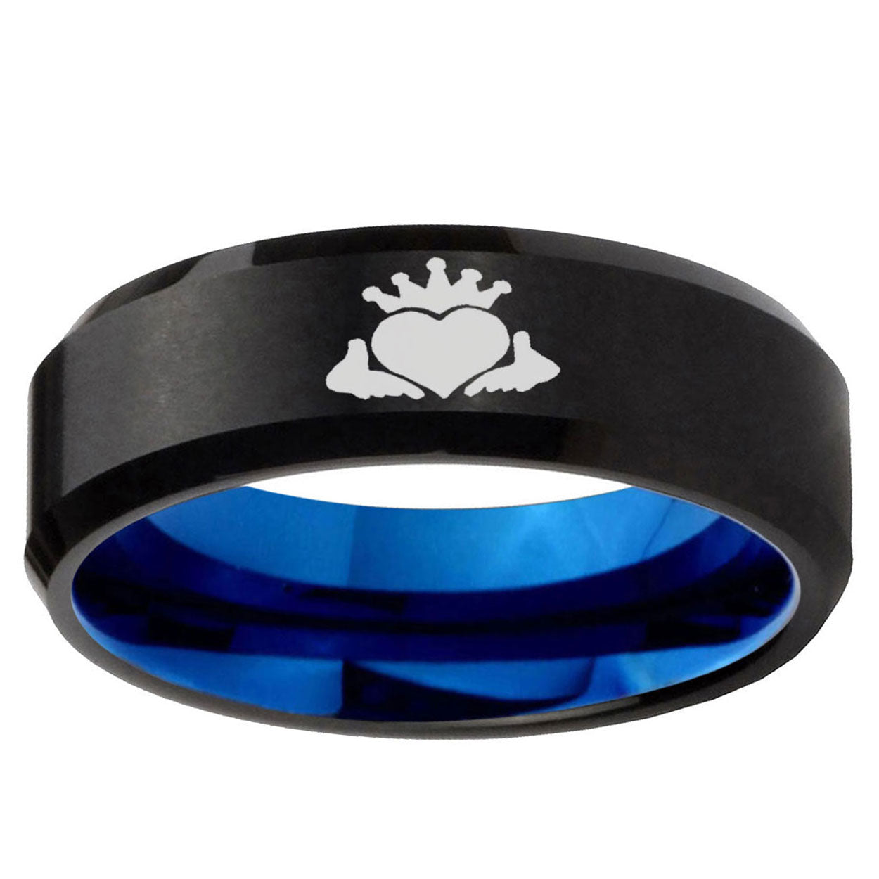 5mm Claddagh Design Two-Tone Beveled Black Blue Tungsten Promised Ring