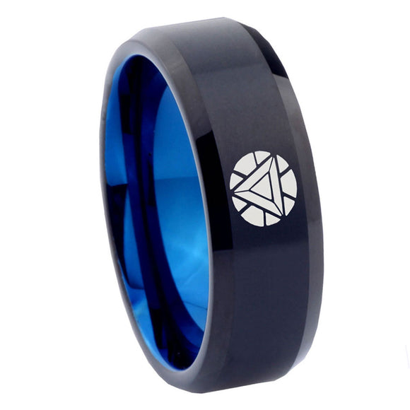 8mm Iron Man Art Reactor Beveled Edge Blue Black Tungsten Rings