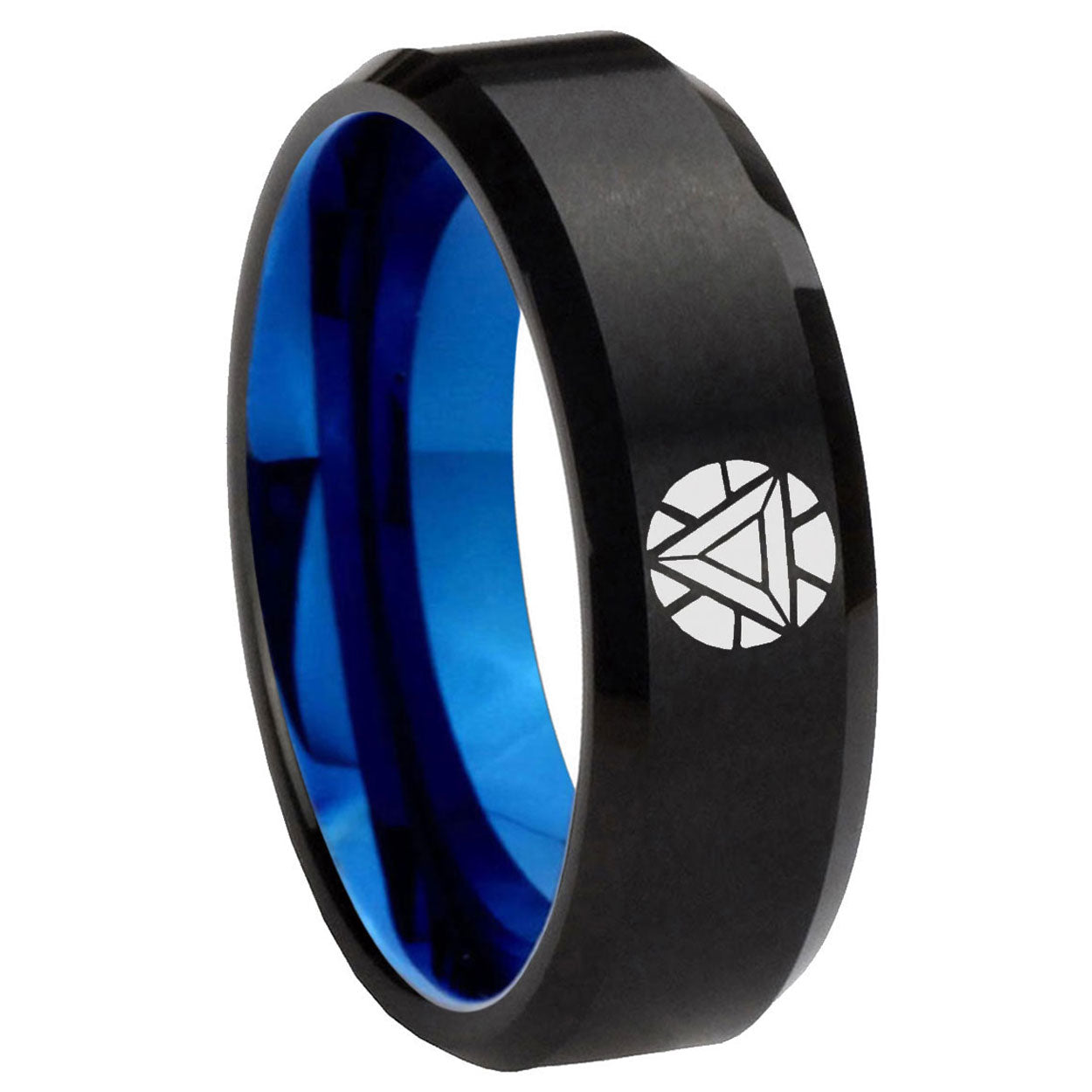 8mm Iron Man Art Two-Tone Beveled Black Blue Tungsten Promised Ring