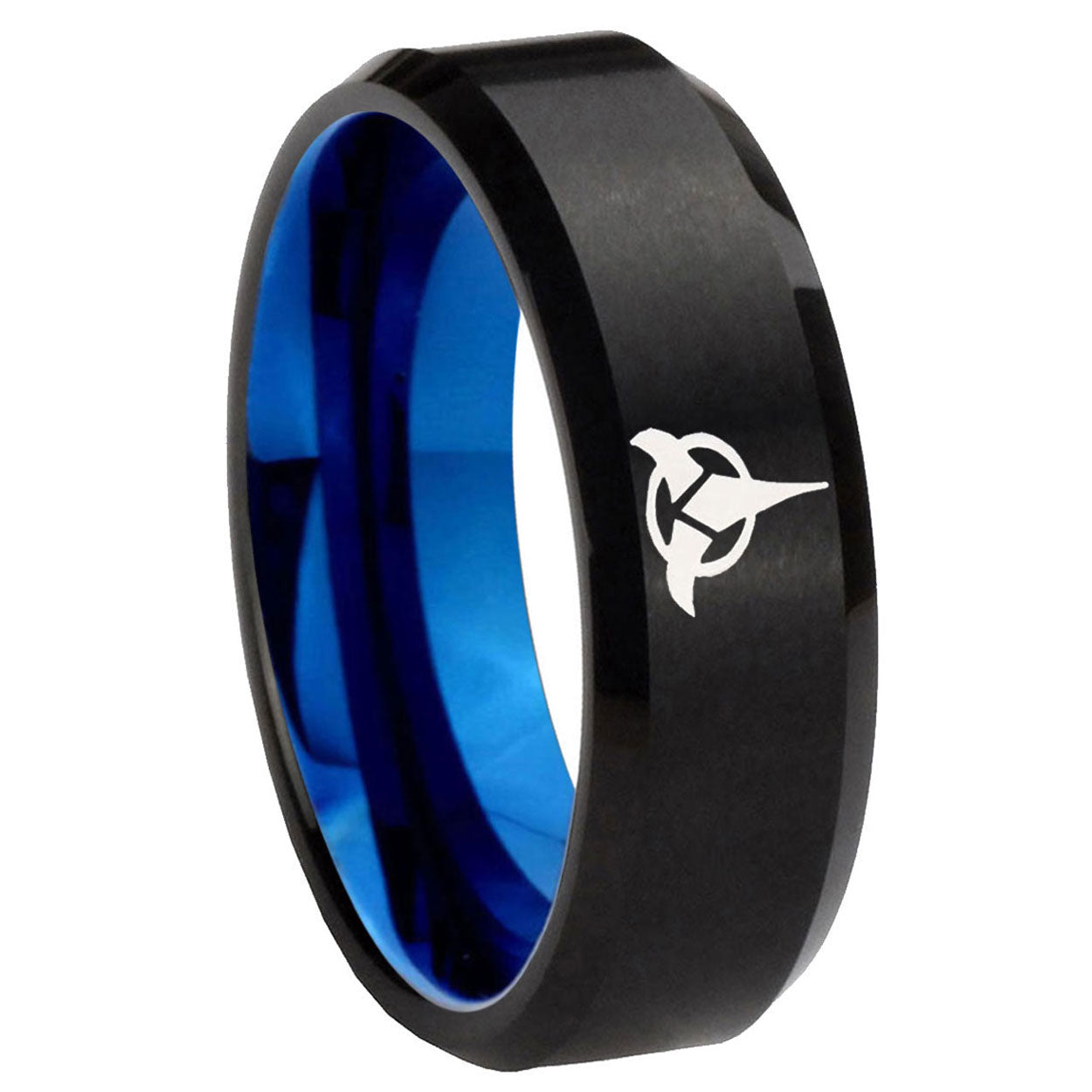 8mm Klingon Two-Tone Beveled Black Blue Tungsten Promised Ring