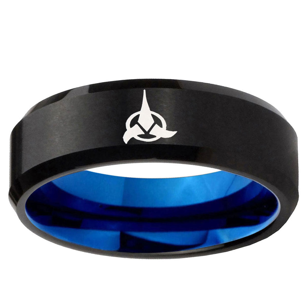 5mm Klingon Two-Tone Beveled Black Blue Tungsten Promised Ring