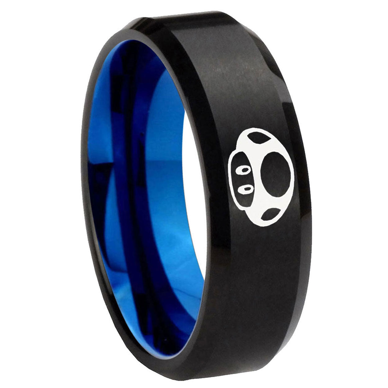 8mm Mario Mushroom Two-Tone Beveled Black Blue Tungsten Promised Ring