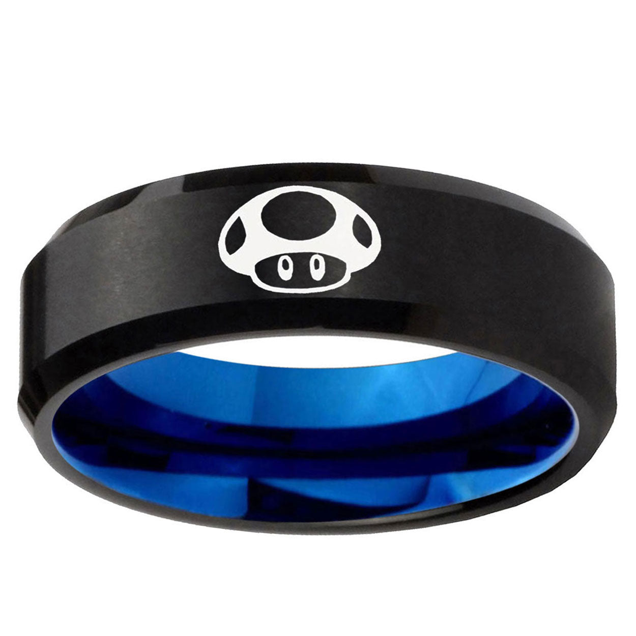 5mm Mario Mushroom Two-Tone Beveled Black Blue Tungsten Promised Ring