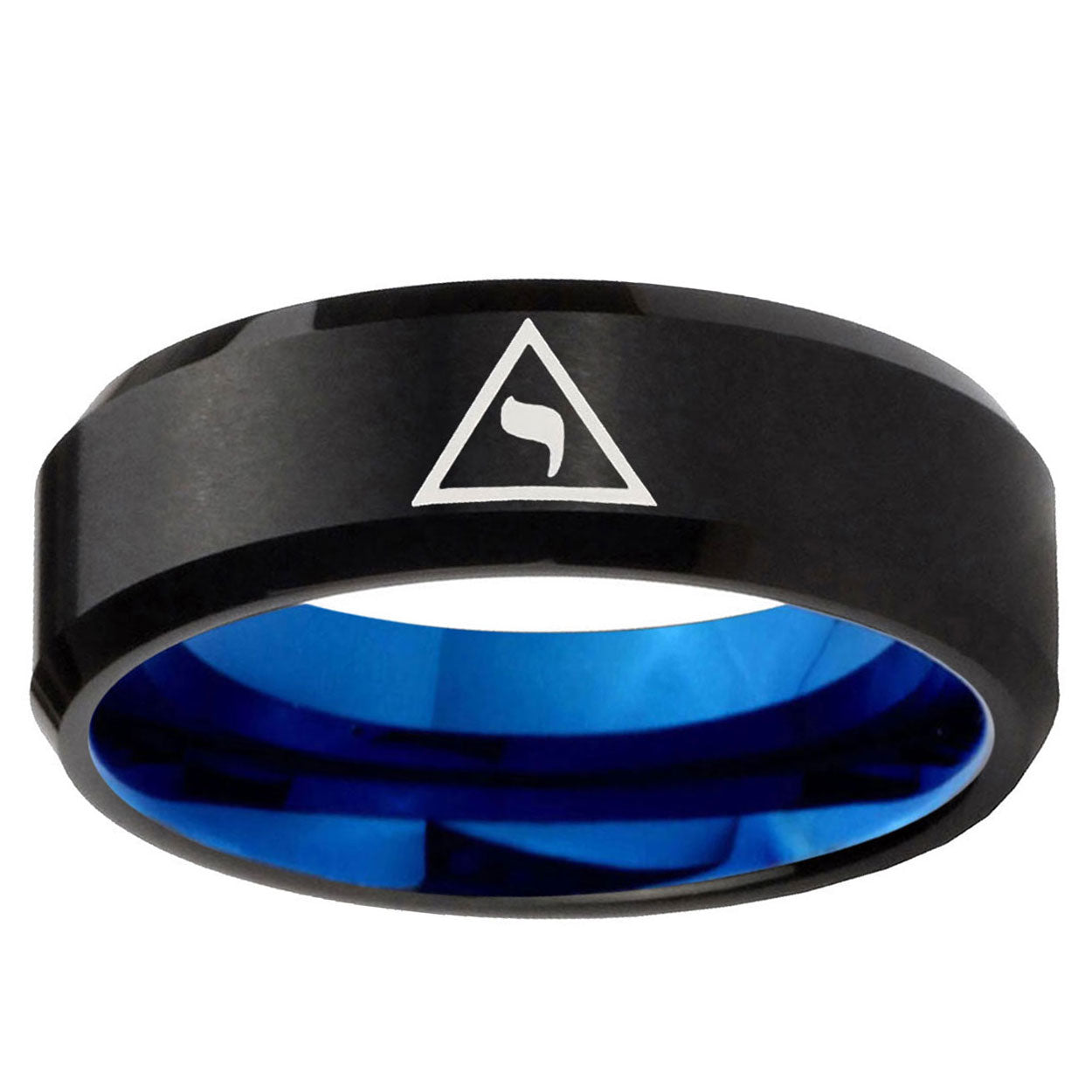 5mm Masonic Yod Two-Tone Beveled Black Blue Tungsten Promised Ring