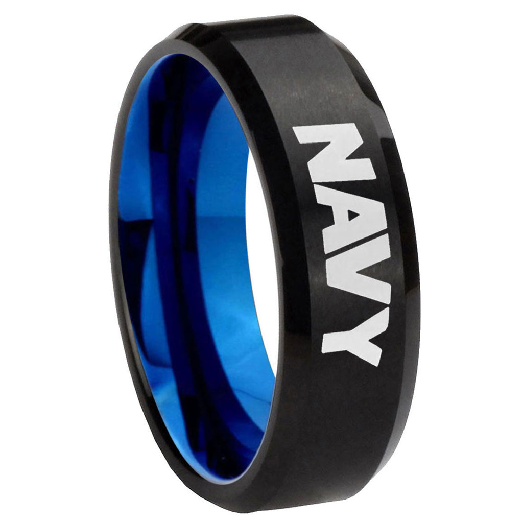 8mm Navy Two-Tone Beveled Black Blue Tungsten Promised Ring