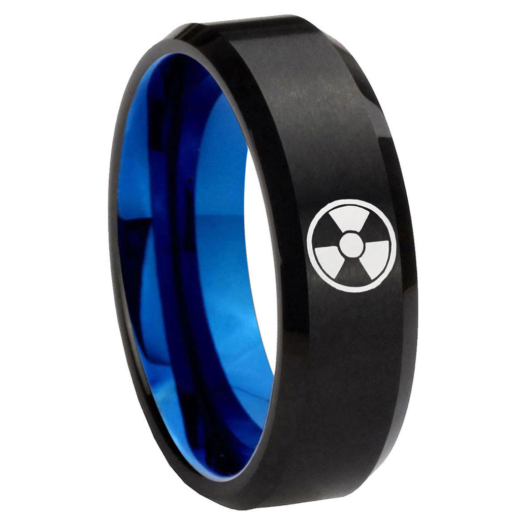 8mm Radiation Two-Tone Beveled Black Blue Tungsten Promised Ring