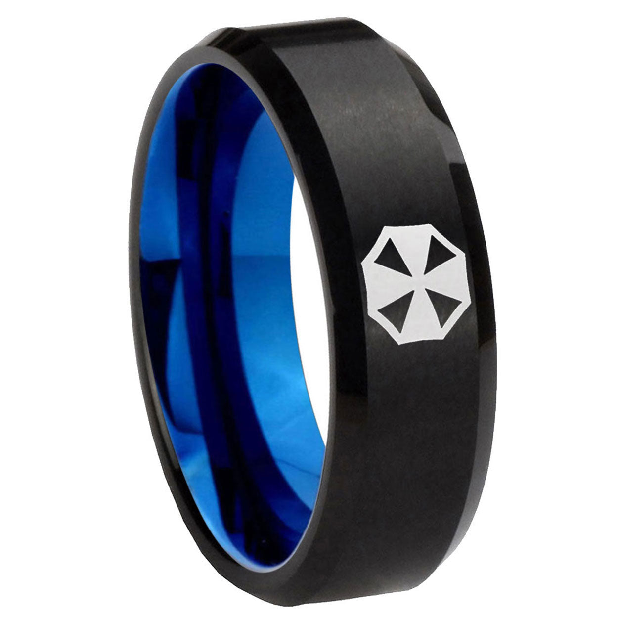 8mm Resident Evil Two-Tone Beveled Black Blue Tungsten Promised Ring