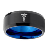 10mm-Medical-Symbol-Bevel-Tungsten-Carbide-Blue-Wedding-Ring
