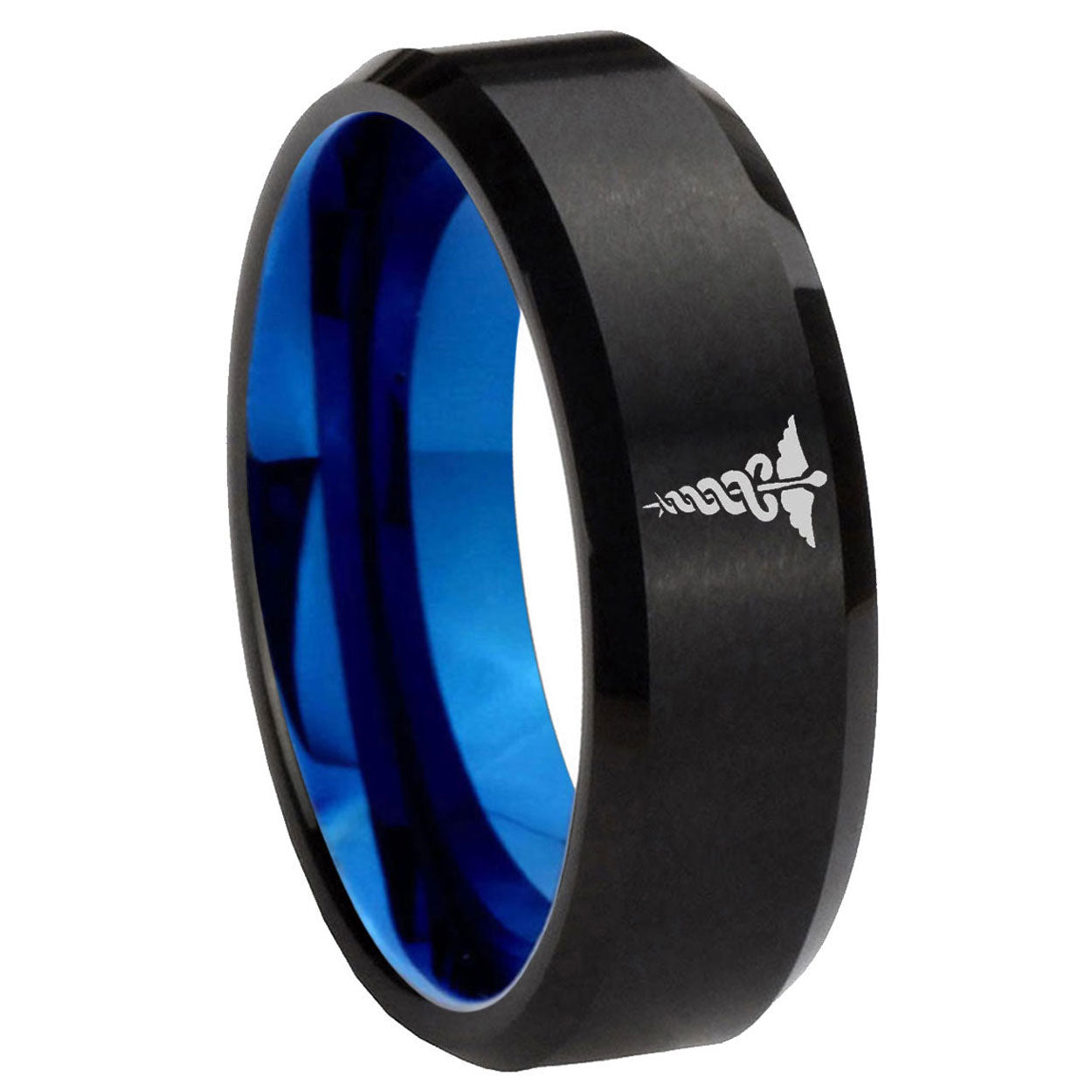 8mm Medical Symbol Two-Tone Beveled Black Blue Tungsten Promised Ring