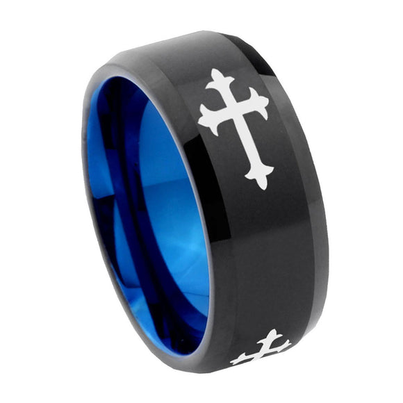 10mm-Christian-Cross-Religious-Bevel-Tungsten-Carbide-Blue-Wedding-Ring