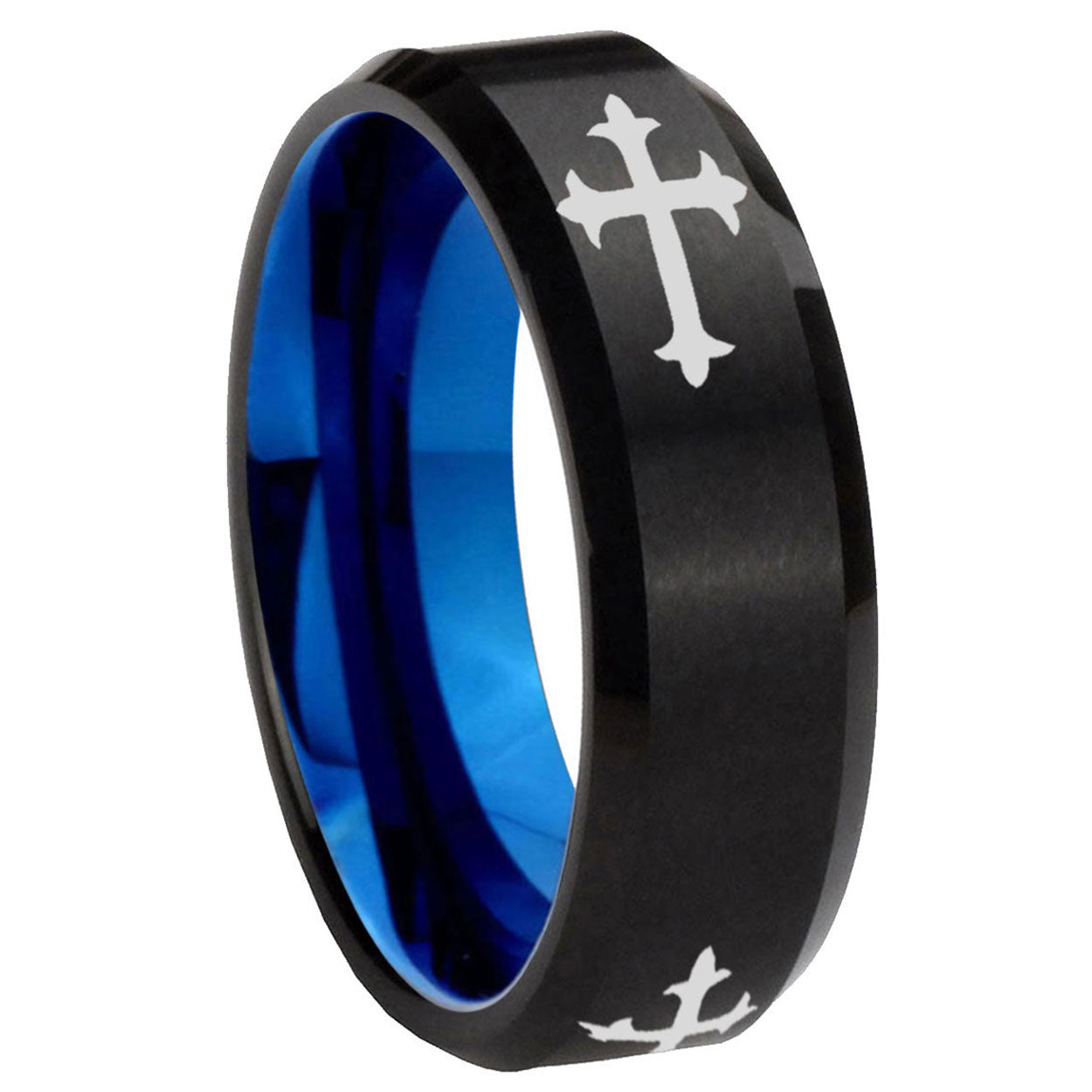 10mm Christian Cross Religious Bevel Tungsten Carbide Blue Wedding Ring